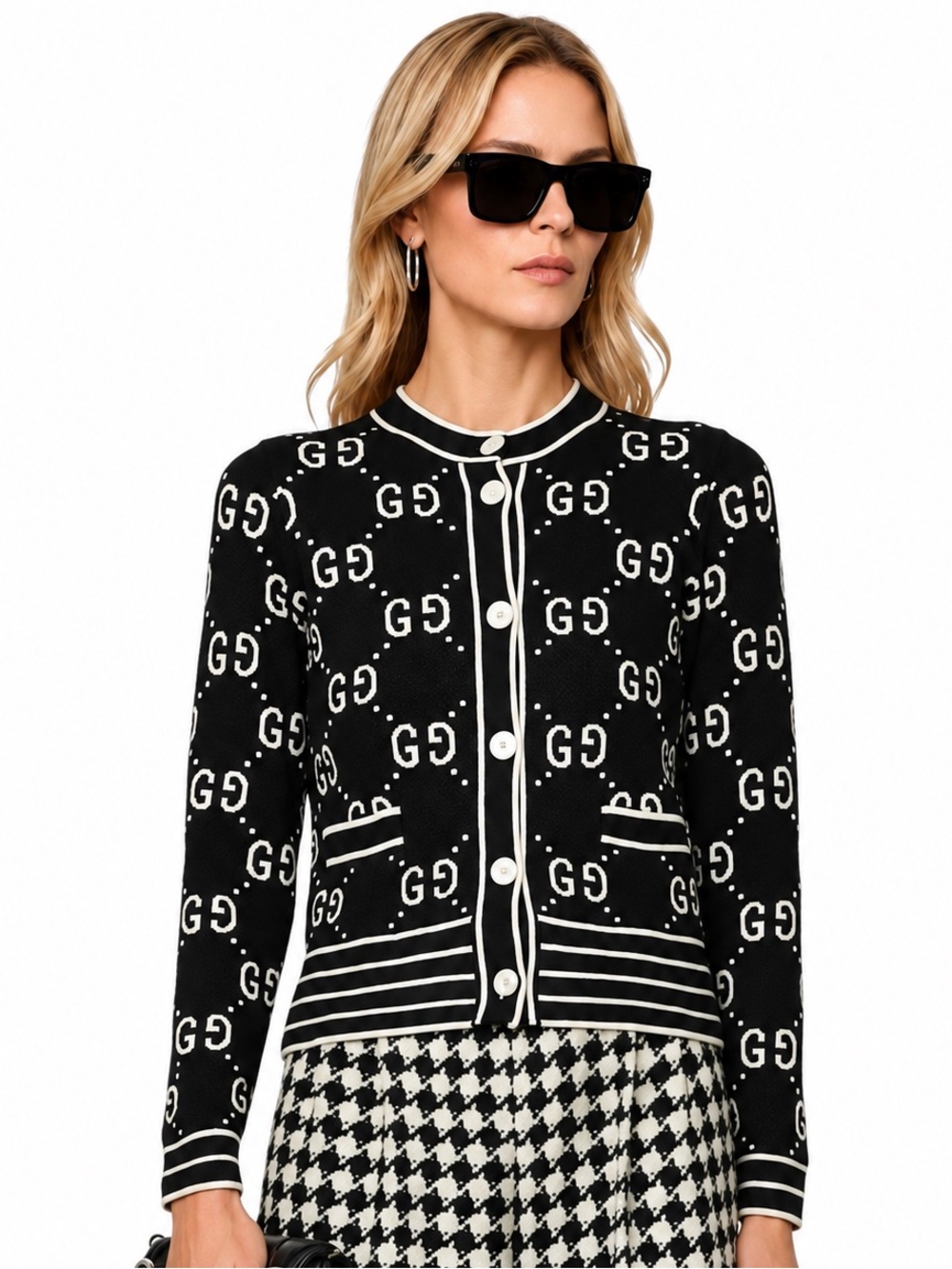 GUCCI 💯 GG Supreme Logo Cardigan Sweater Black Ivory White Cotton XS 0 2